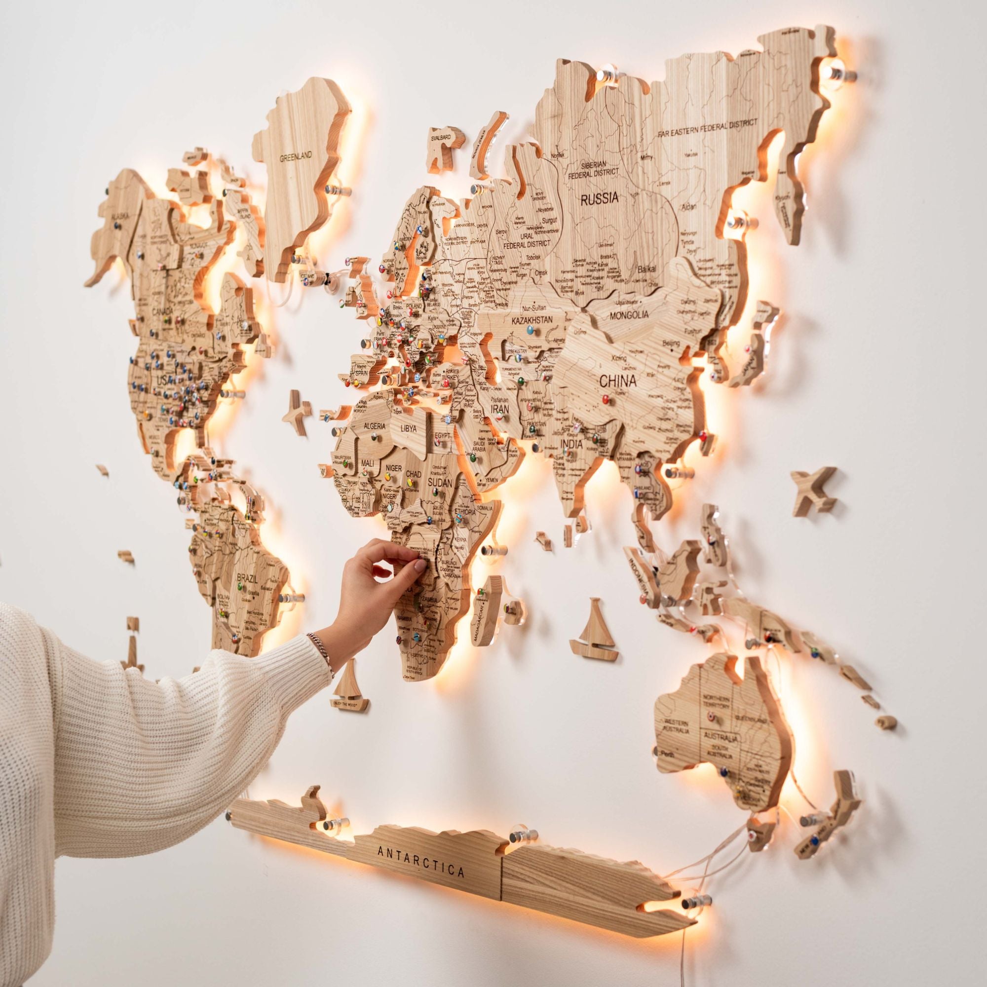 wooden world wall map