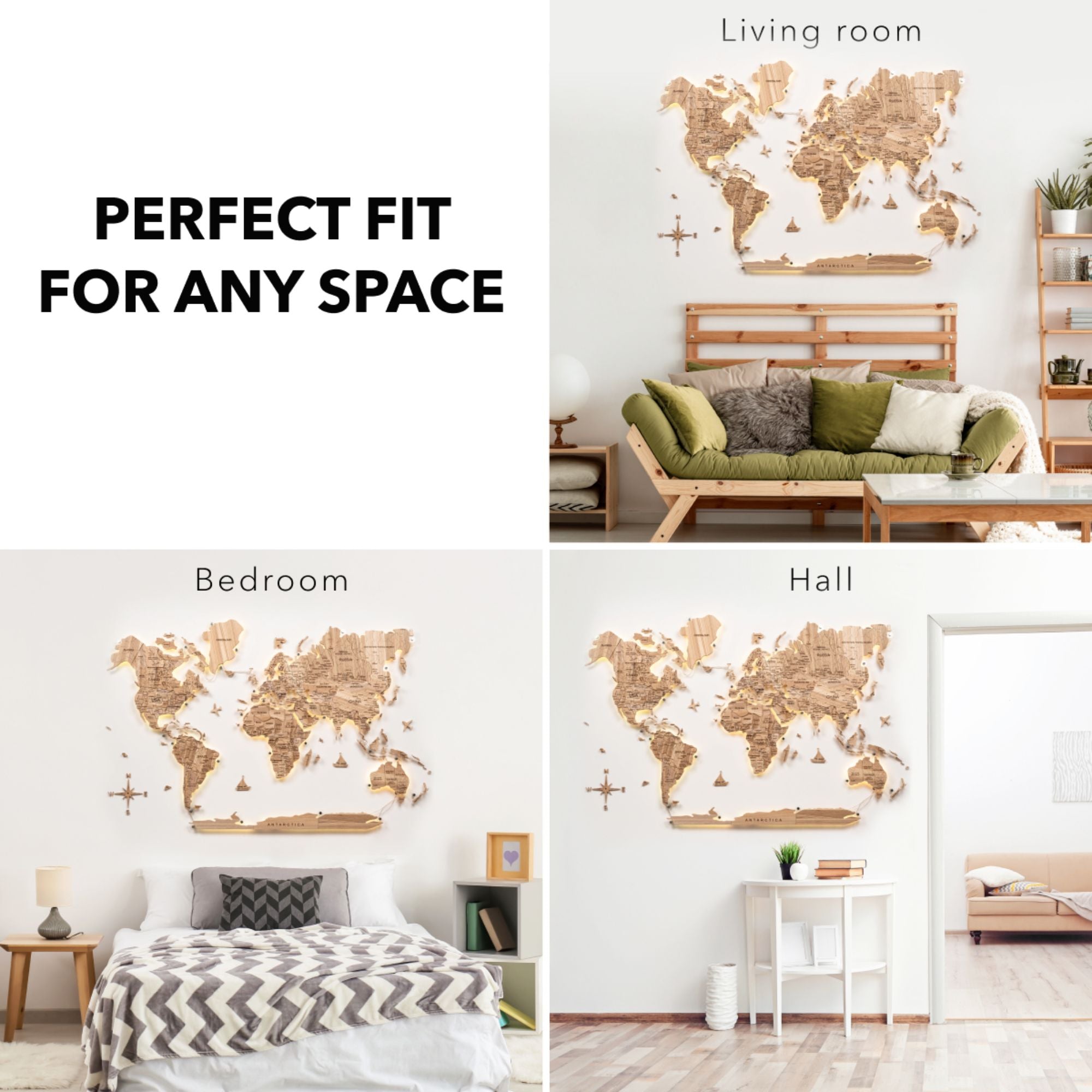 wooden wall map of world