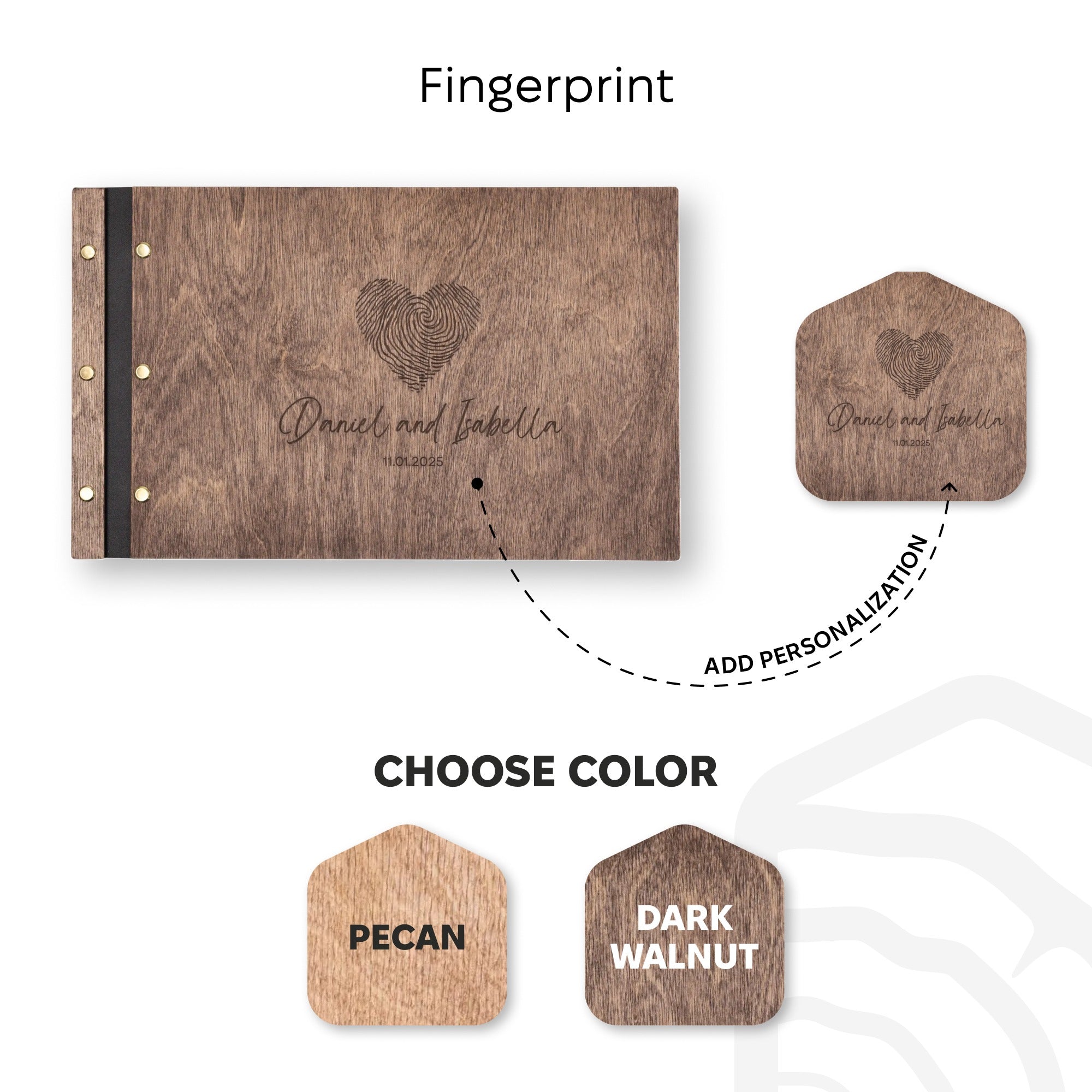 Wooden product with fingerprint design and customizable color options on a white background