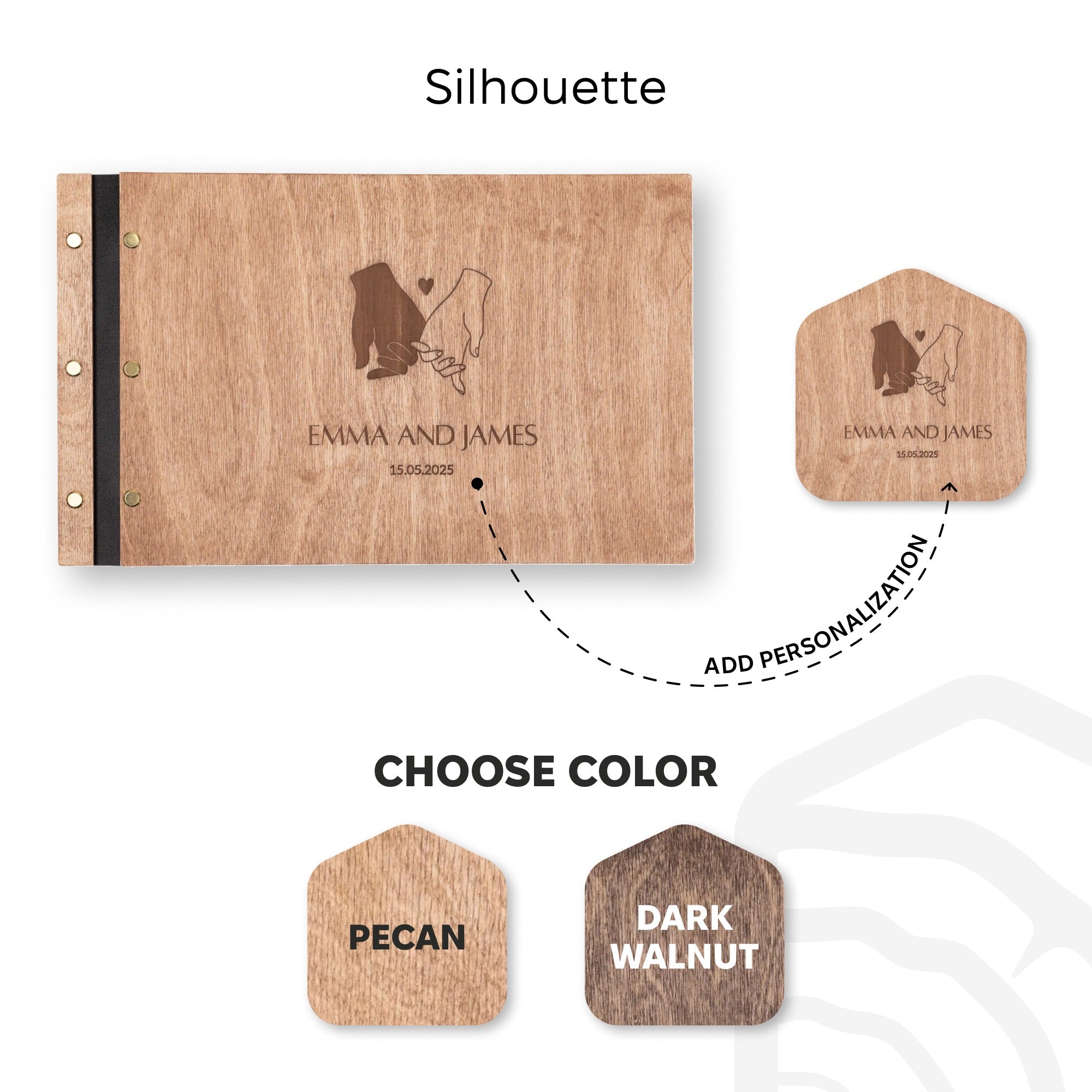 Wooden product with engraved design and text, showing customizable color options on a white background.