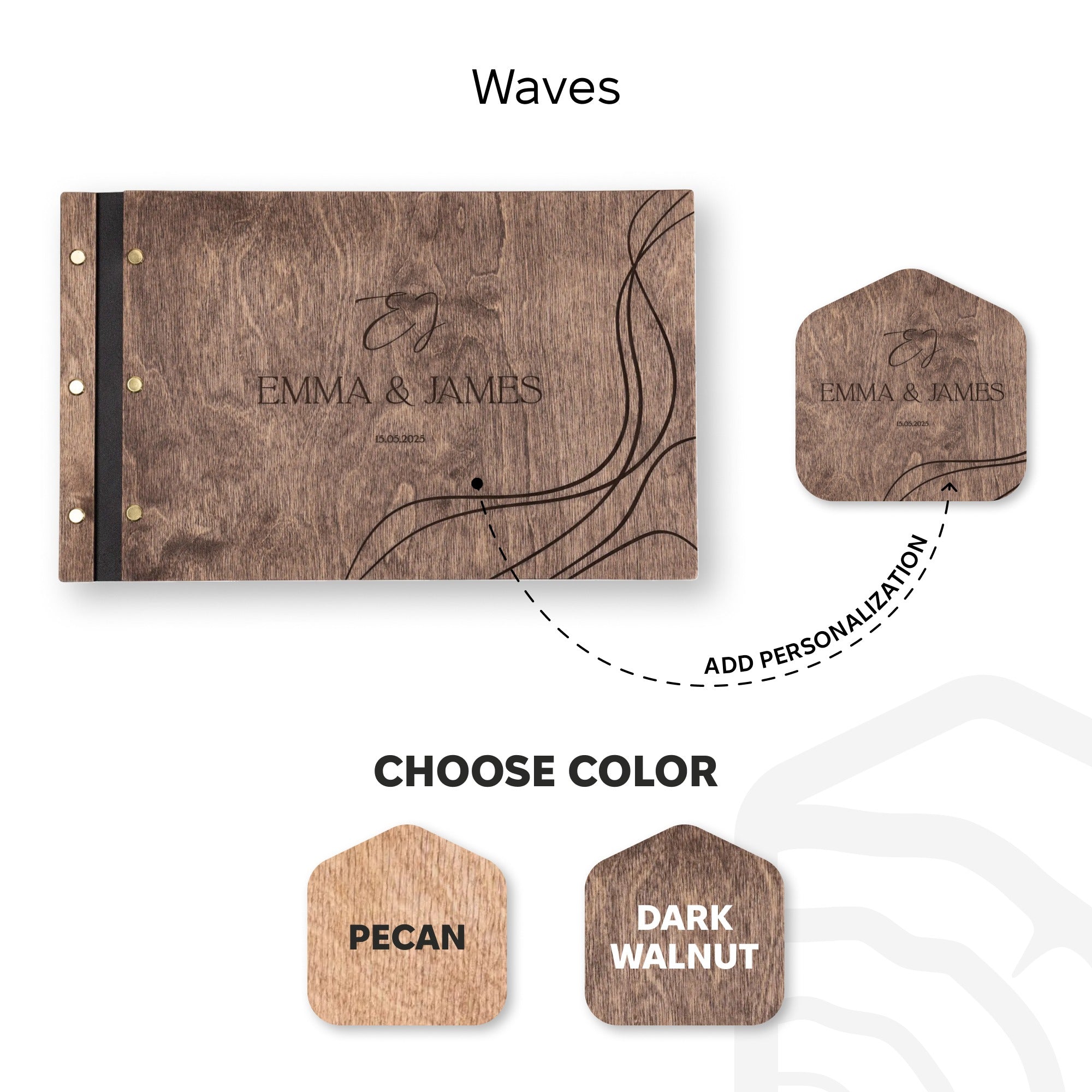 Wooden product with 'Emma & James' engraving, color options for pecan and dark walnut, and customization text.