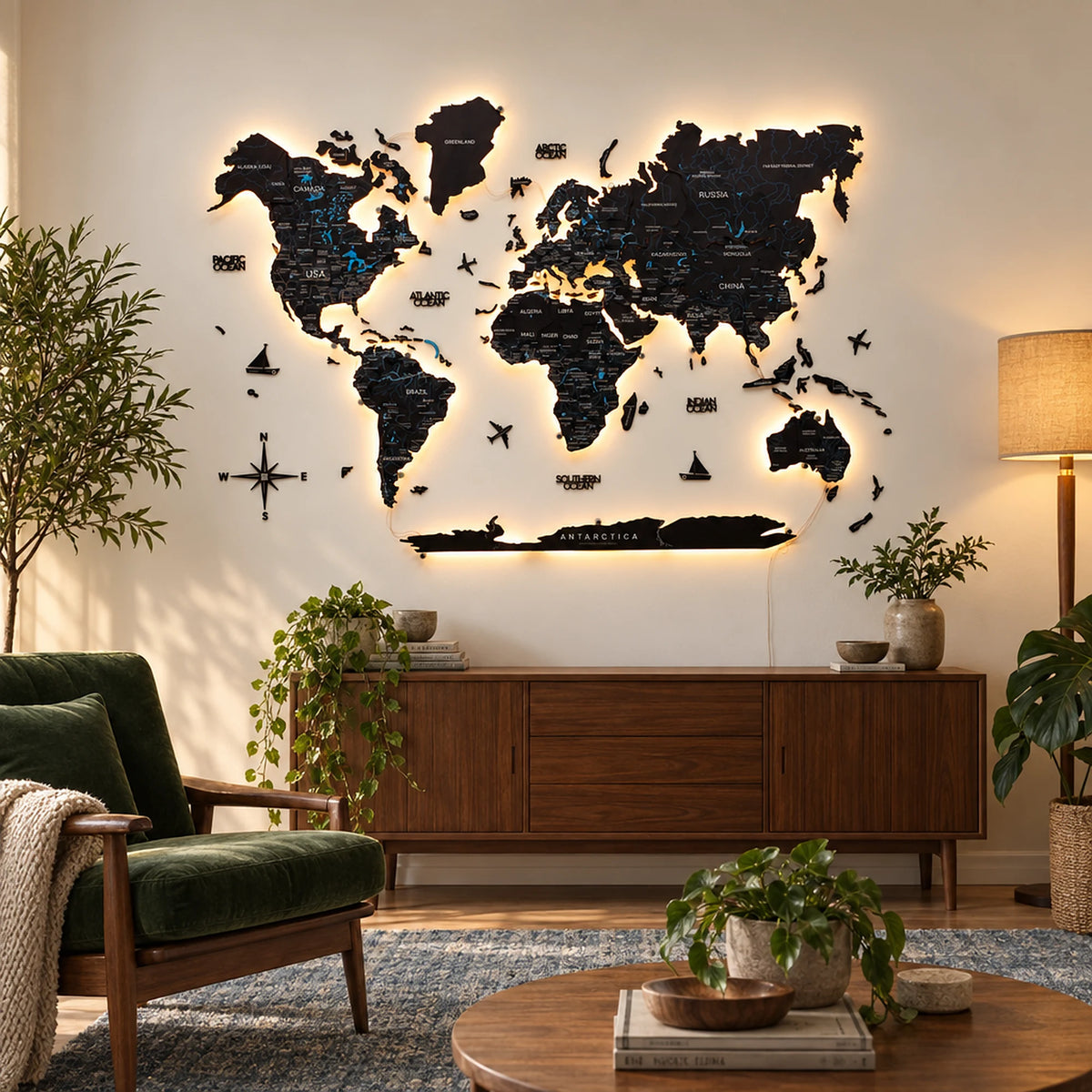 world map black led living room