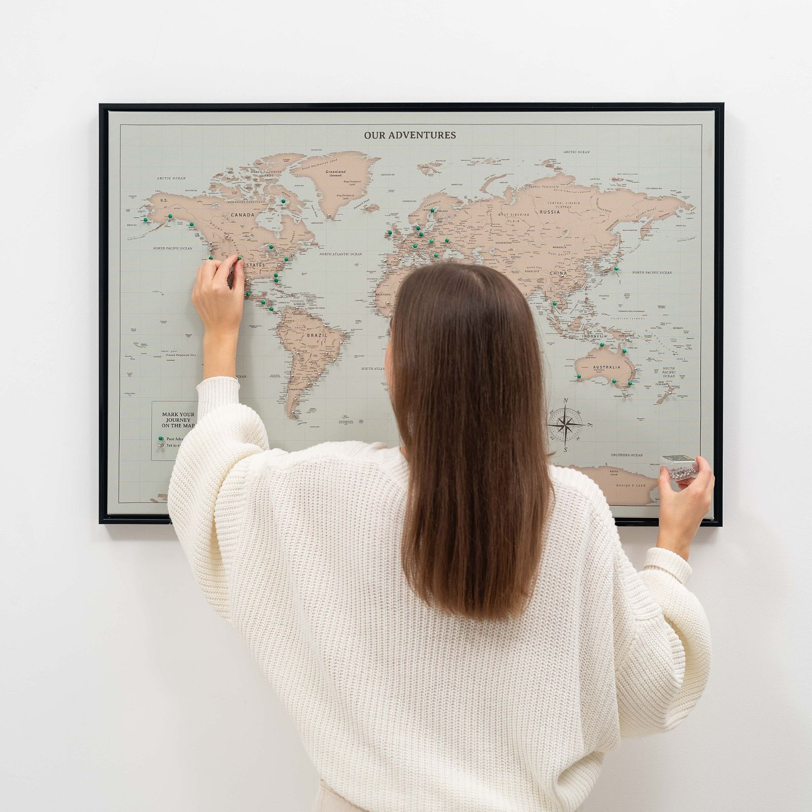 world push pin travel map on canvas