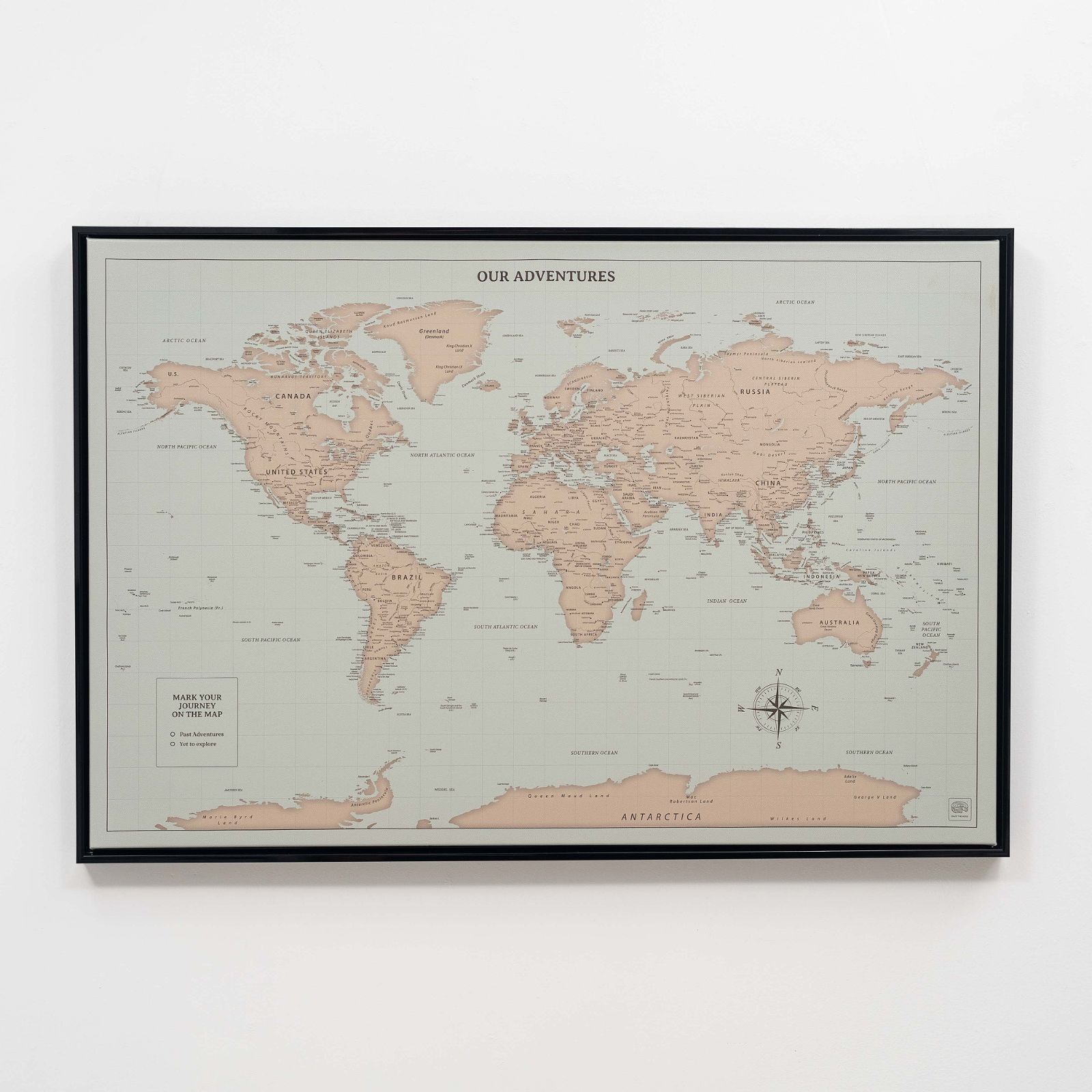 world push pin travel map on canvas