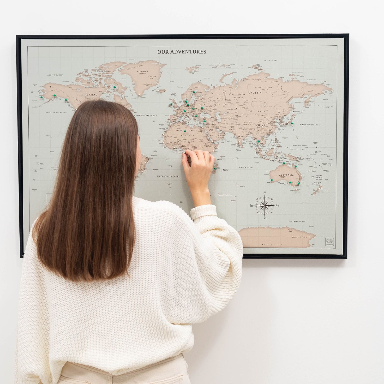 world push pin travel map on canvas