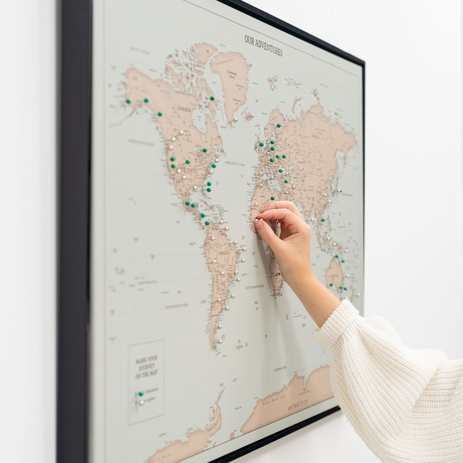 world push pin travel map on canvas