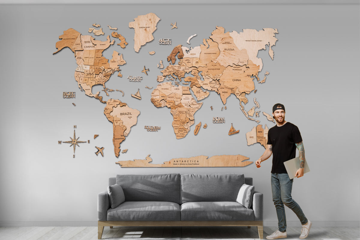3D Wood World Map オークカラー 壁掛け木製世界地図【翌日出荷