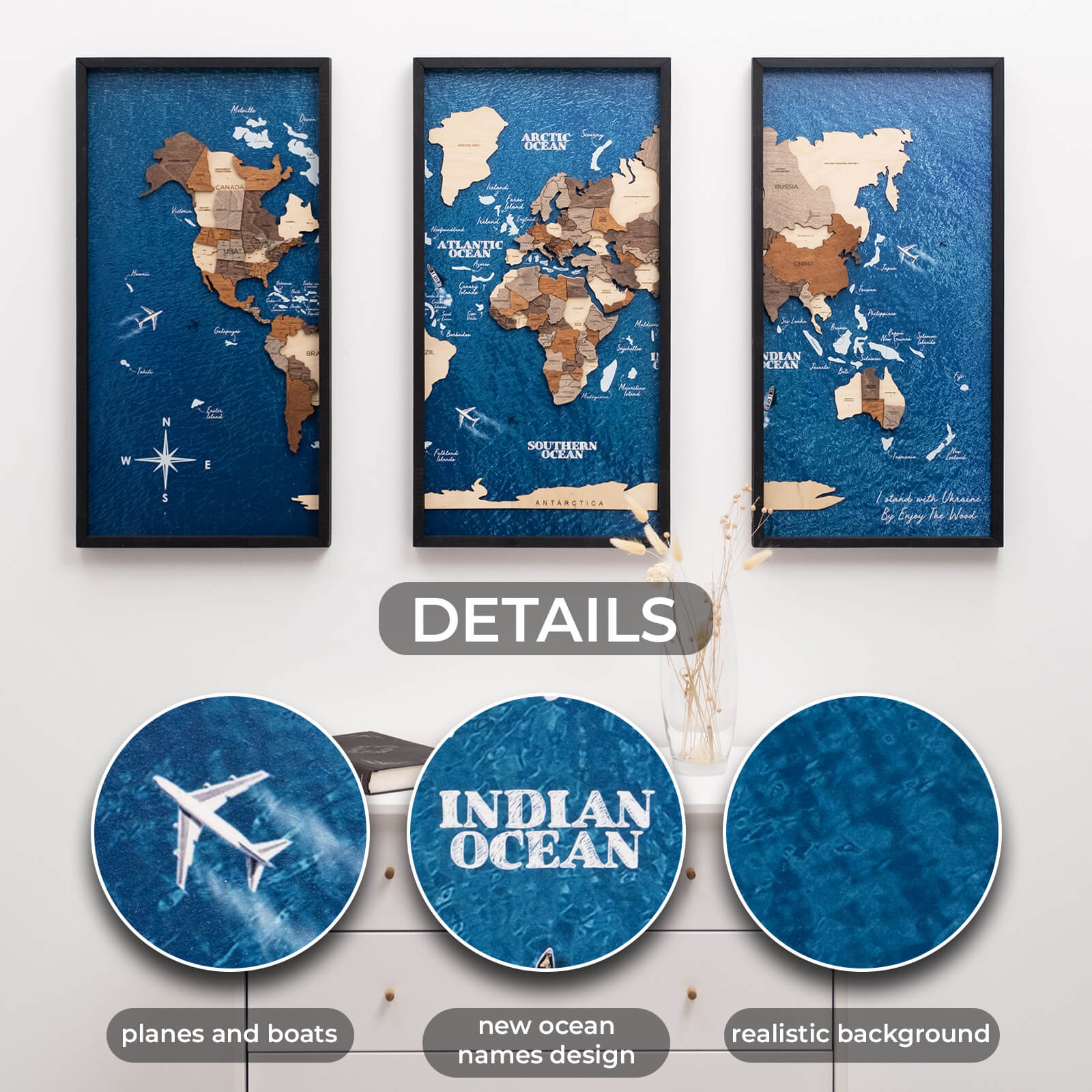 3D Wooden Triptych World Map Multicolor