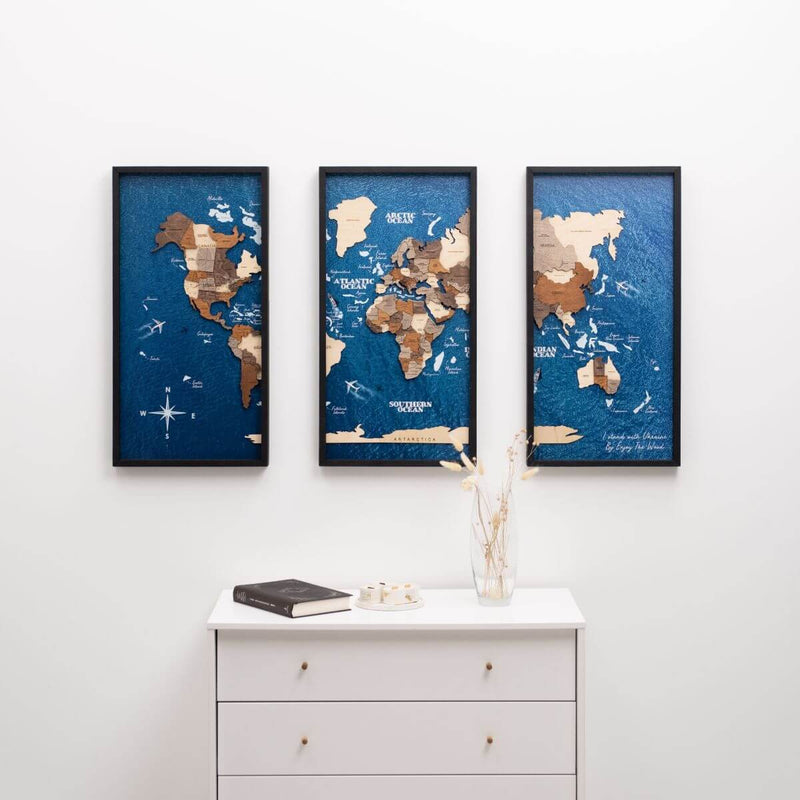 3D Wooden Triptych World Map Multicolor