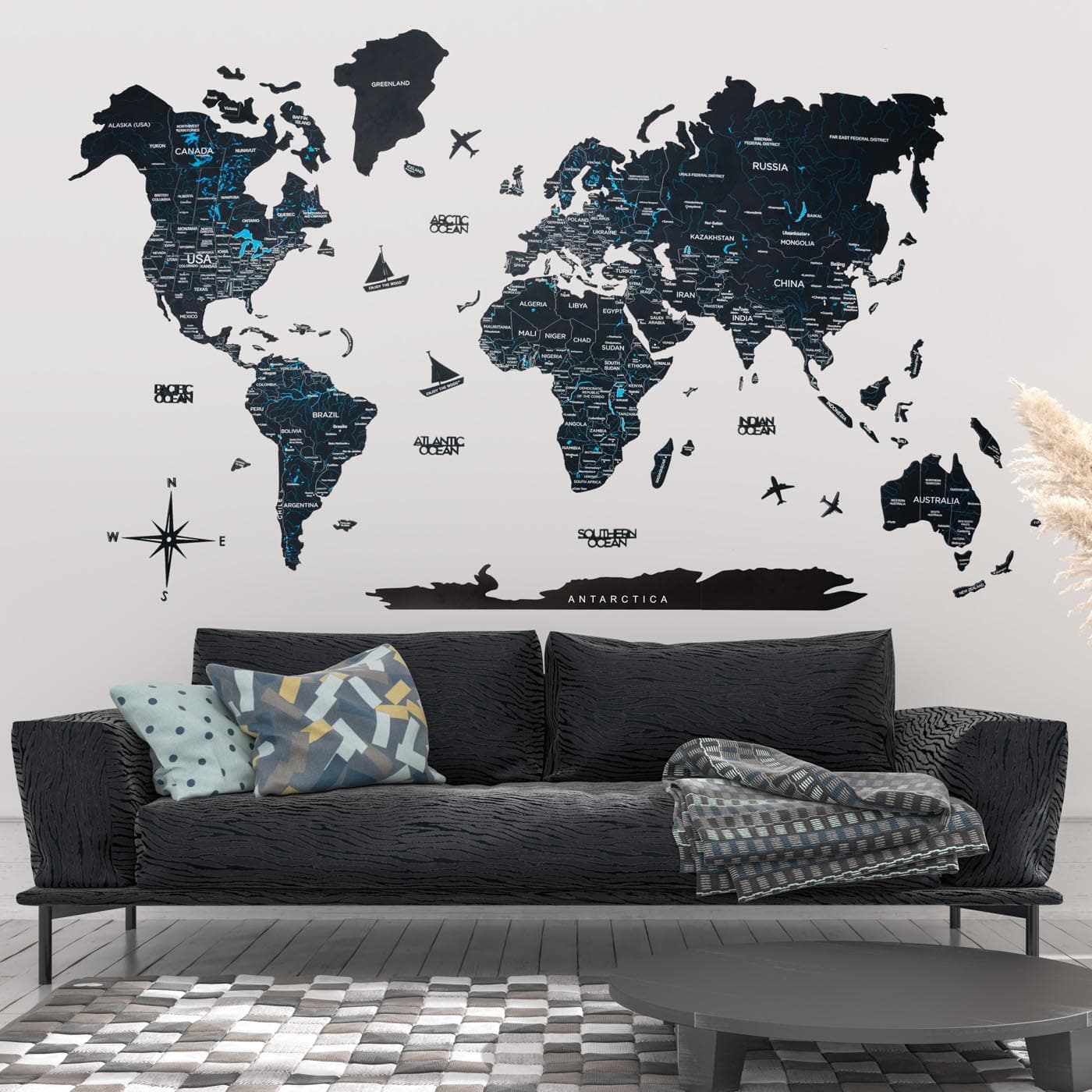 Wooden World Map Navy Blue by EnjoyTheWood