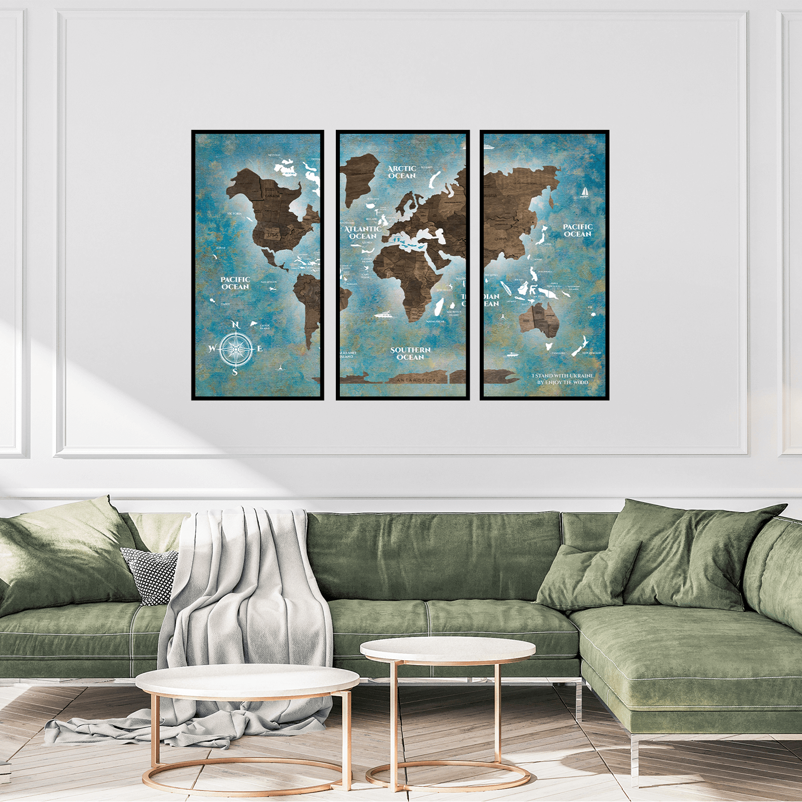 3D Wooden Triptych World Map Dark Walnut ‣ Order Now