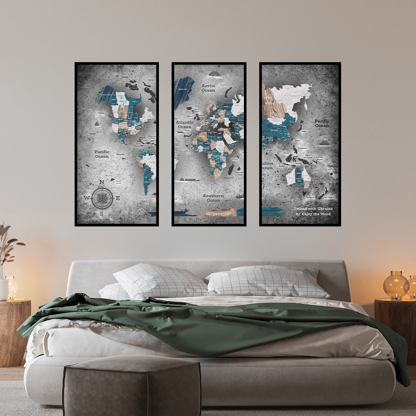 three panel world map