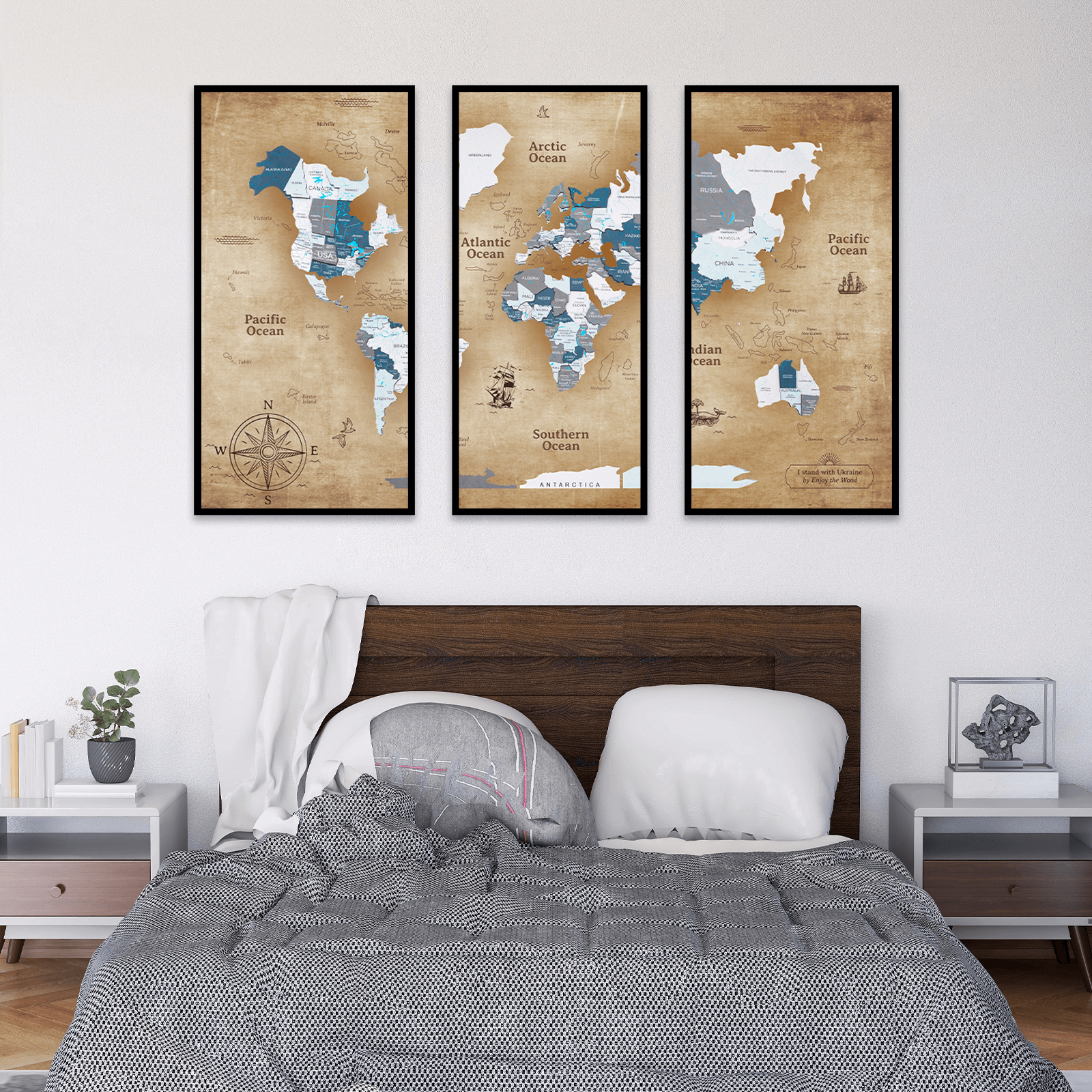 world map triptych