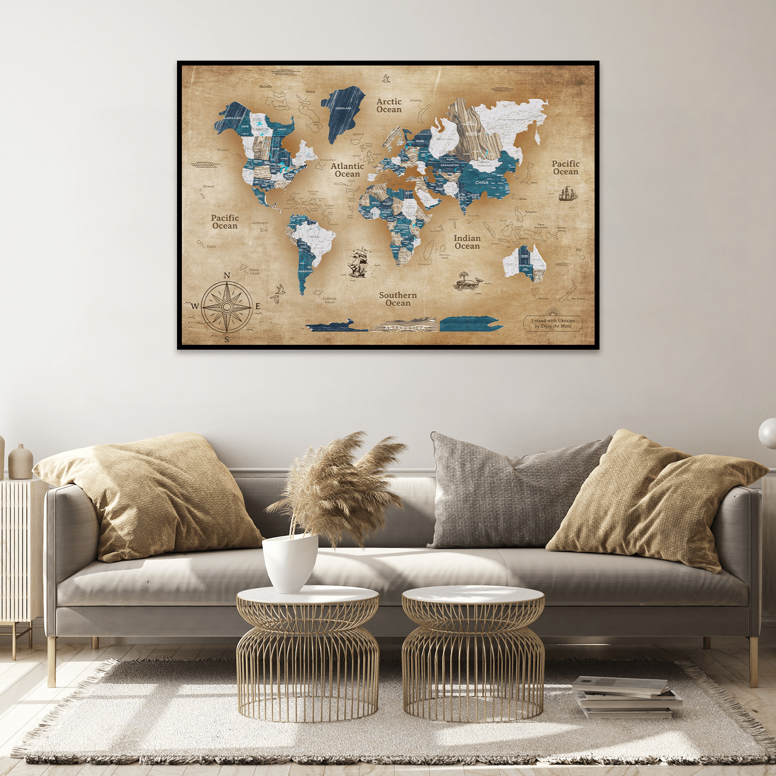 world map panel wooden