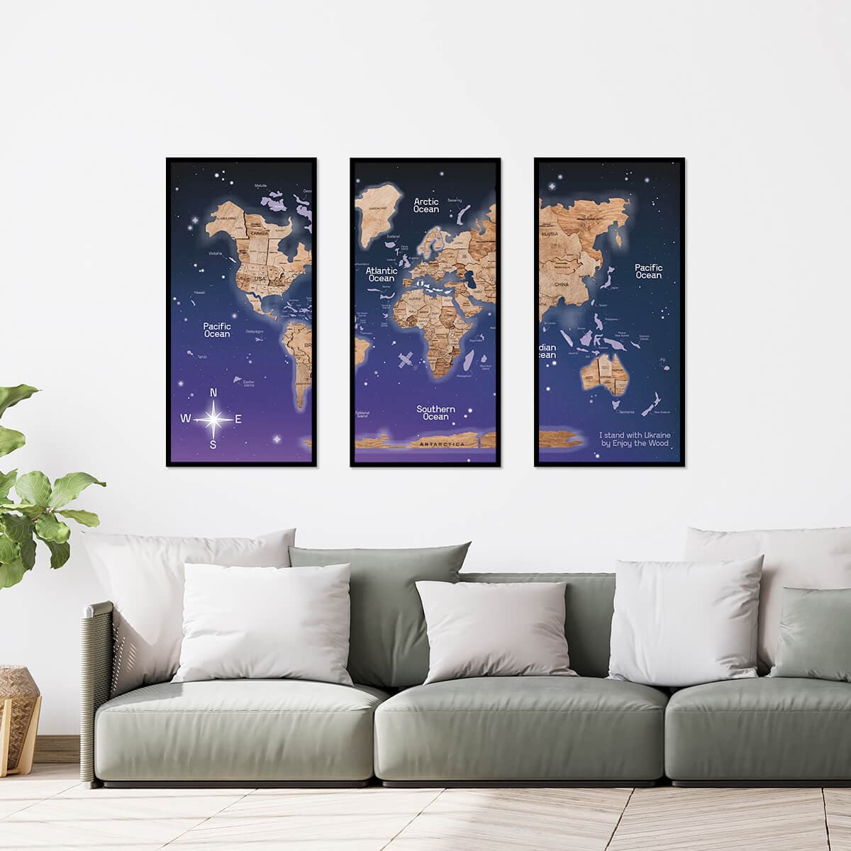 3 panel world map 