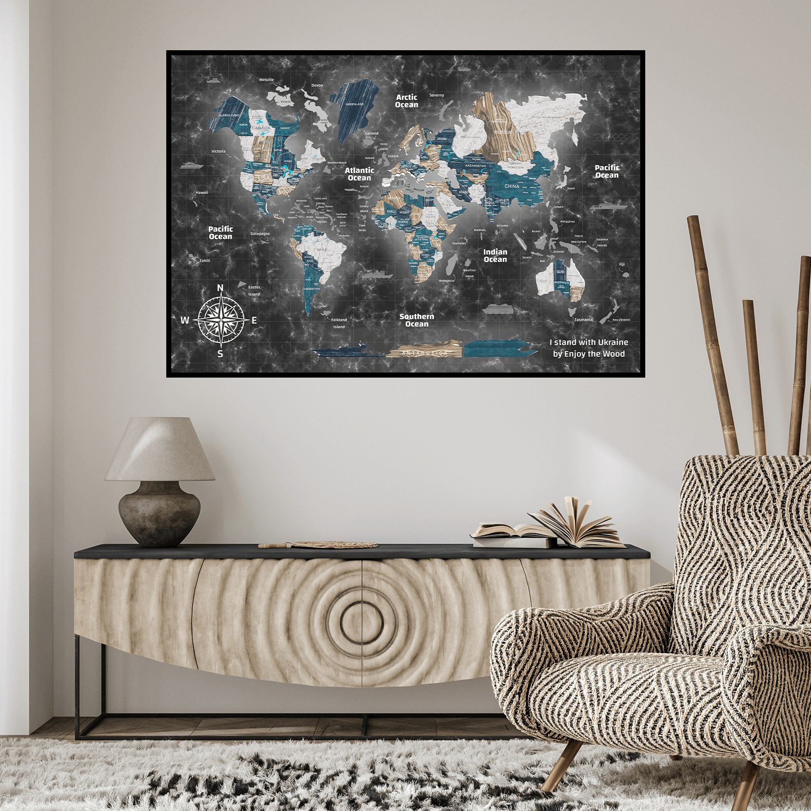 wooden panel world map