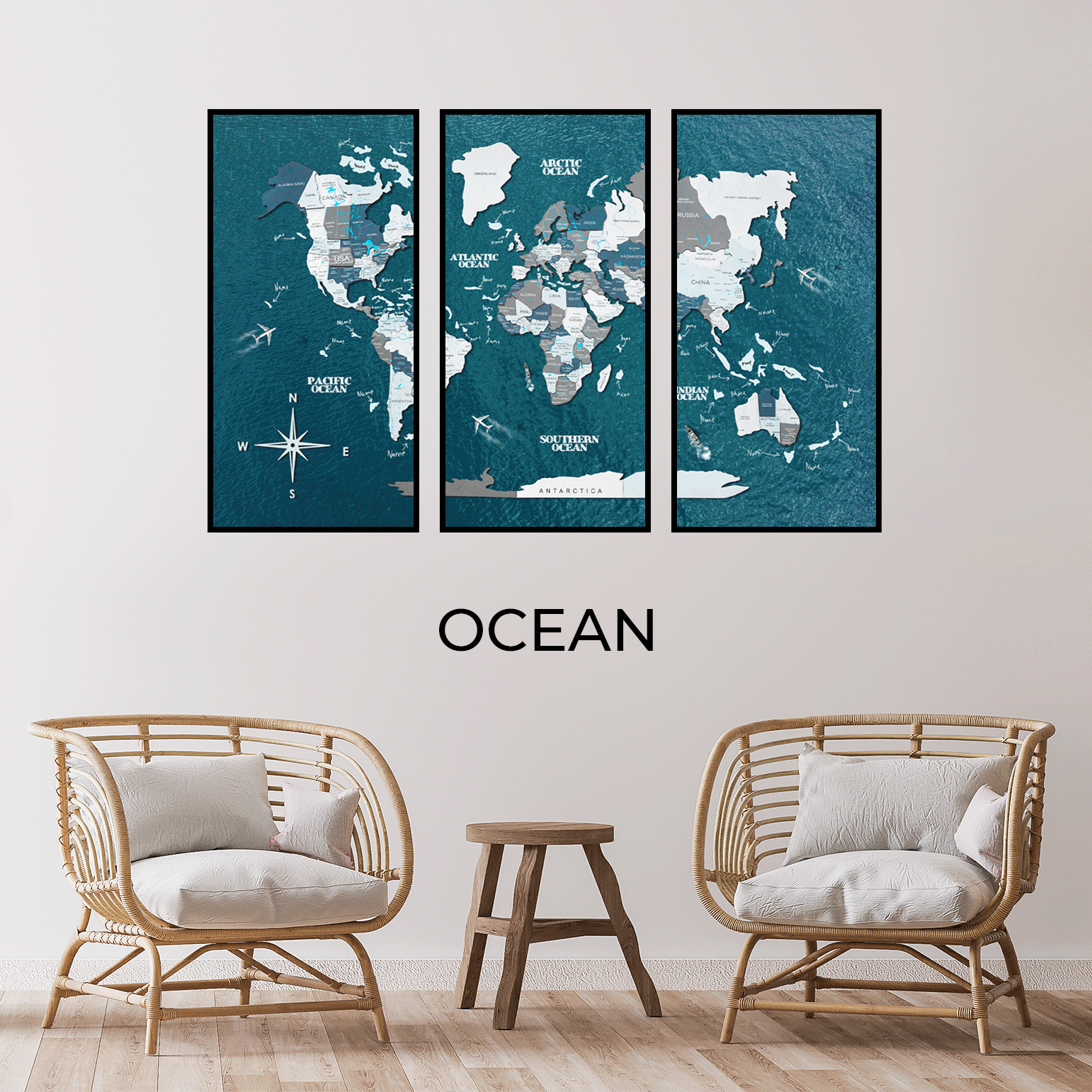 3 panel wooden map 