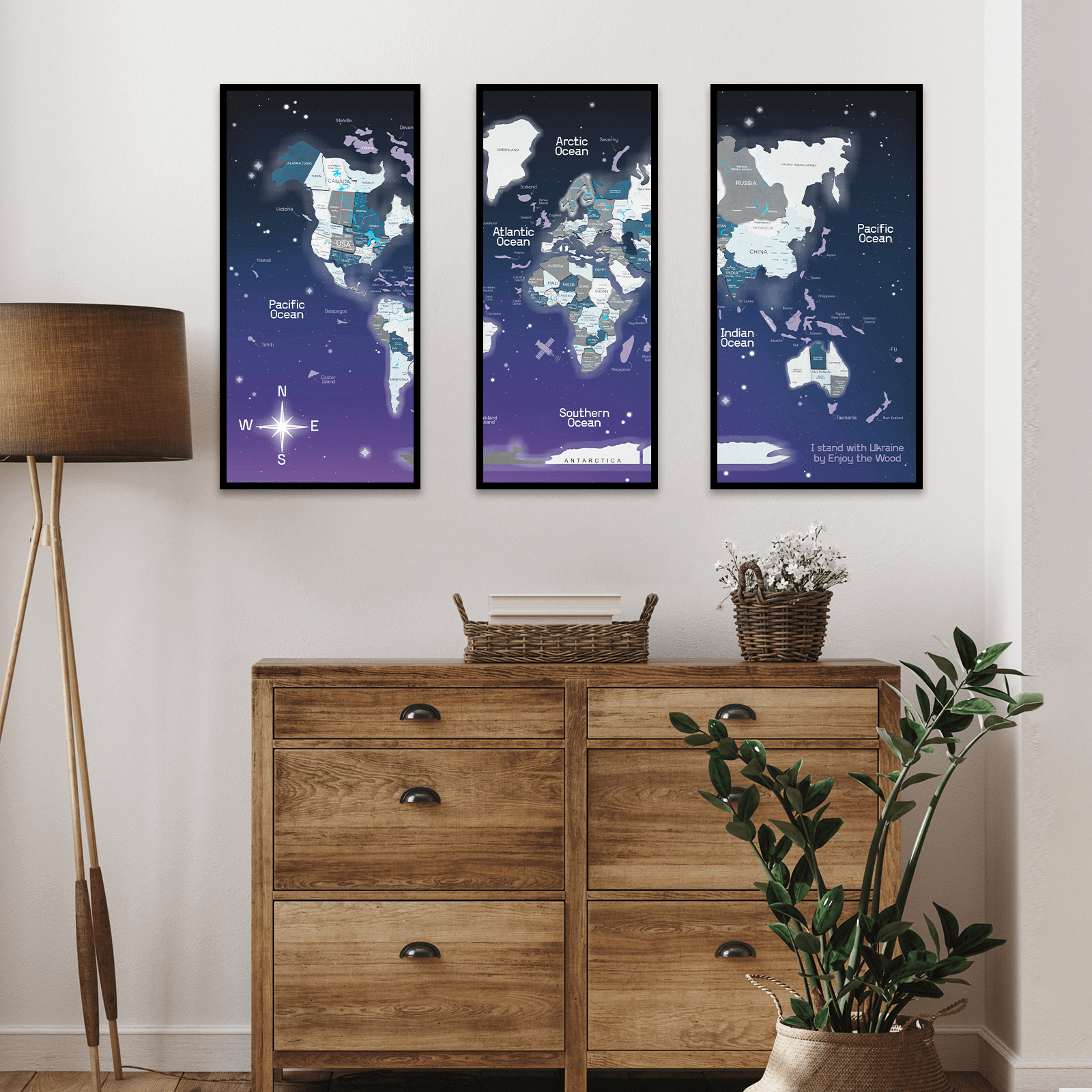 triptych world map